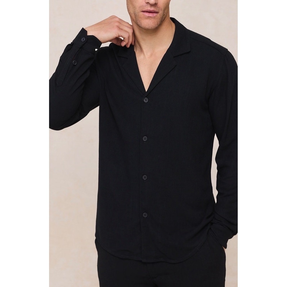 Raith Linen Blend Camp Collar Shirt Mens 2XL Black Cuban Resort Casual Minimal